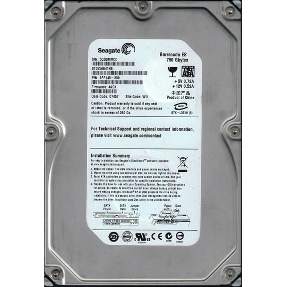 ST3750641NS P/N: 9FF148-309 F/W: 4AEK WU 5QD Seagate 750GB