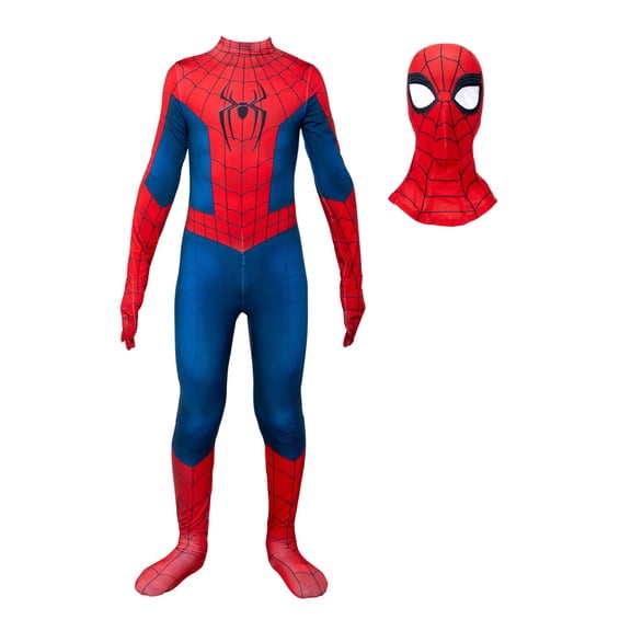 Boys Spider Superhero Cosplay Bodysuit, Full Body Stretch Long Sleeve Zentai Jumpsuit with Mask for Halloween Party, Red, 130