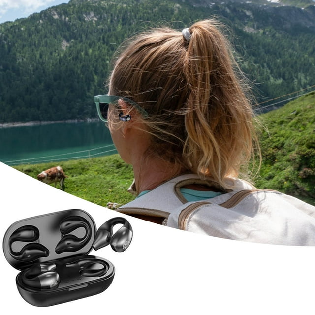 Klonfd Wireless Ear Clip Bone Conduction Headphones Open Ear Earbuds LED Display Built In Mic With Ear Hooks For Music & Phone Calls Sports