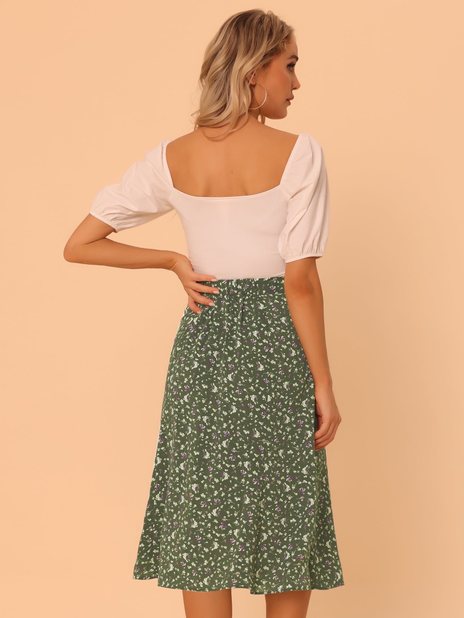 DARING DIVA Women's Elastic Waist A-Line Floral Print Midi Skirt XL Army Green