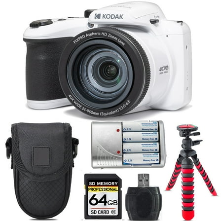 Kodak PIXPRO AZ405 Digital Camera (White)   Extra Battery  Tripod   Case -64GB Kit