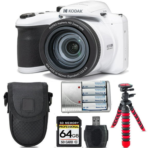 Kodak PIXPRO AZ405 Digital Camera (White)   Extra Battery  Tripod   Case -64GB Kit
