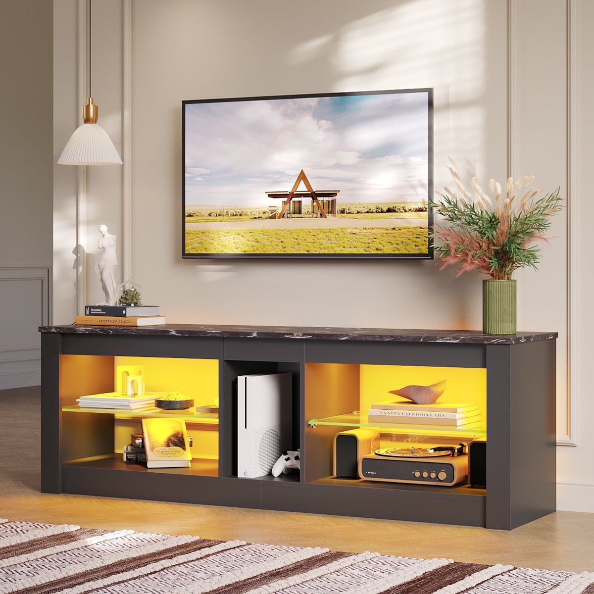 Bestier LED TV Stand for 65 inch TVs, Entertainment Center with Storage,TV Console Table for Living Room with Adjustable Shelves,Black Marble