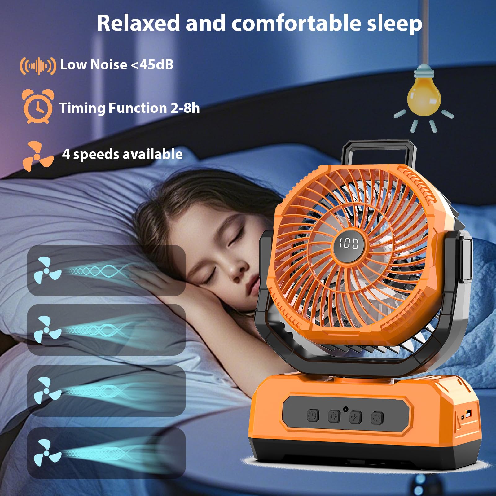 Portable Fan Rechargeable,20000mAh Cordless Battery Powered Fan with LED Lantern,270Rotation With remote control,USB C Battery Operated for Travel Camping Tent Office Beach Fishing Outdoor,ORANGE