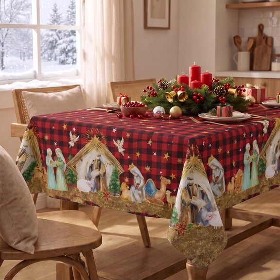 Sm:)e Christmas Tablecloth 60x84 Inch Rectangular, Holy Nativity Red Buffalo Plaid Winter Table Cover for Party Picnic Dinner Decor