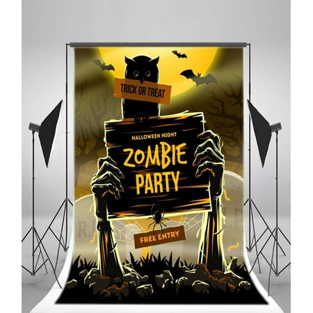 HelloDecor Polyester Zombie Games Backdrop 5x7ft Photography Background Creepy Night Game Theme Decoration Trick or Treat Spider Web Bats Owl Skeleton Children Kids Studio Props Portraits Photos