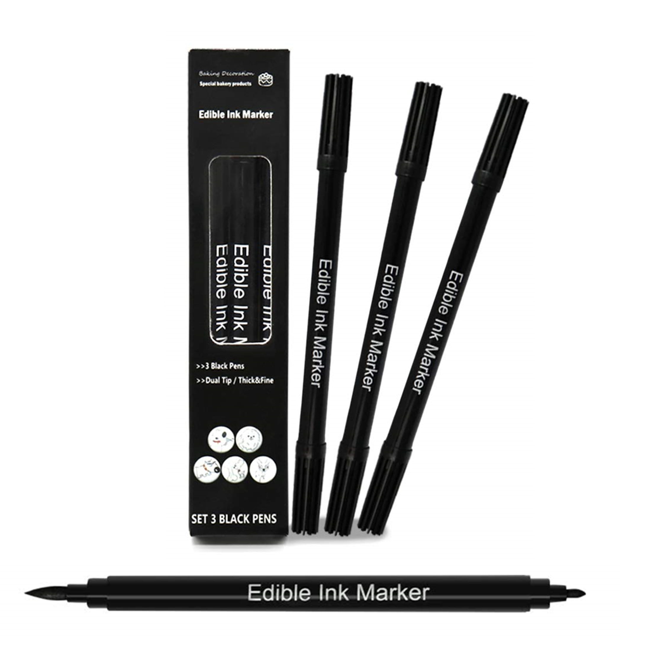 3PC Black Food Coloring Pen Double Sided Food Grade and Edible Marker