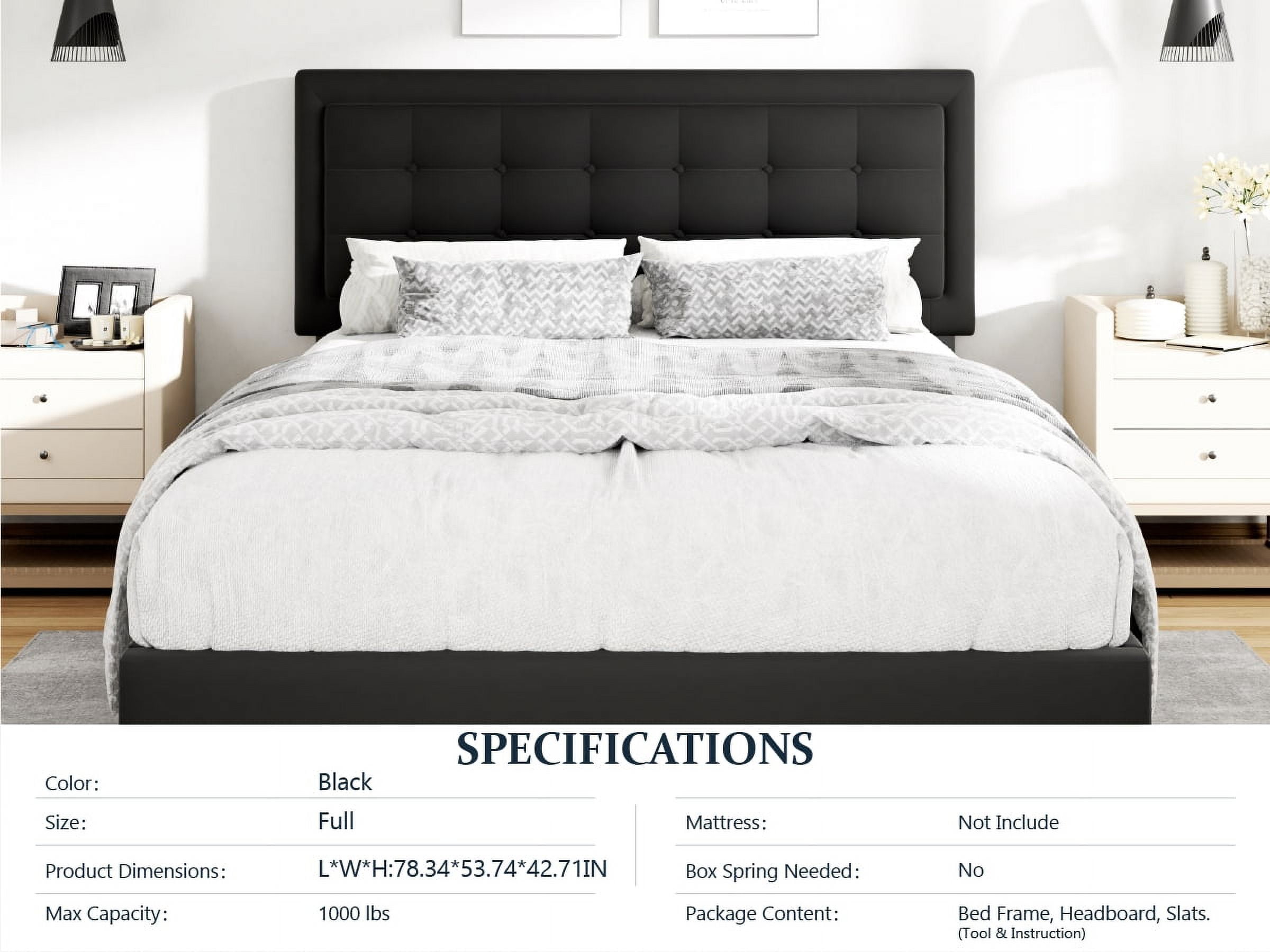 Unizone Full Size Bed Frame with Velvet Upholstered Headboard, Button Tufted Design,Wood Slats Support, No Box Spring Needed, Noise Free, Easy Assembly, Black