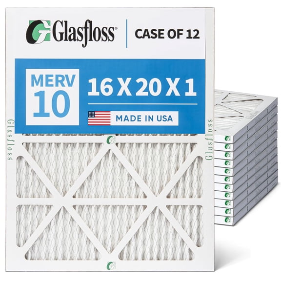 16x20x1 Air Filter MERV 10 Pleated by Glasfloss - Box of 12 - AC/Furnace Filters