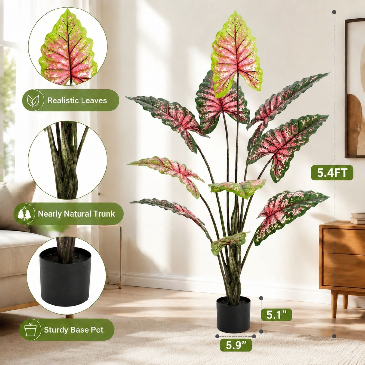 Easy4Home 5.4FT Artificial Plant Fake Caladium Plant Potted Indoor Faux Floor Plant for Home Office Decor, Multicolor