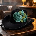 thumbnail image 3 of EOYWHK Men Western Rose Embroidered Cowboy Hat Wide Brim Felt Cowgirl Hat with Adjustable Chin Strap for Western Party Costume, Blue, 3 of 5