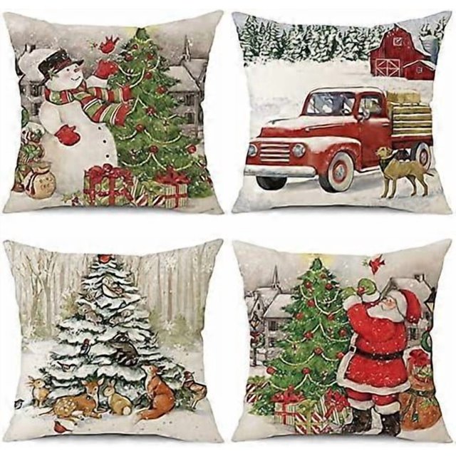 Set of 4 Christmas Cushion Covers, Linen Decorative Throw Pillow Covers Santa Claus Cushion Cover Decorative Pillow Case for Sofa Couch Bedroom Living