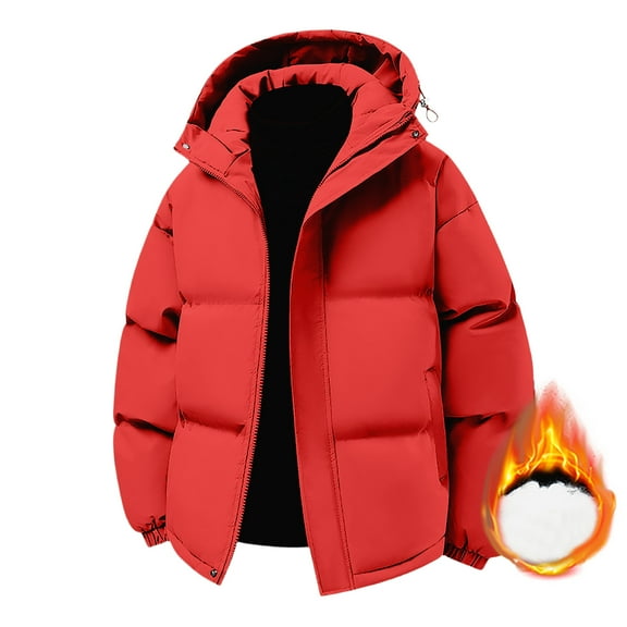 QHRMKOG Mens Winter Jacket Waterproof Hooded Jackets Warm Thicken Puffer Jackets Fashion Cotton-Padded Coat Red 3XL