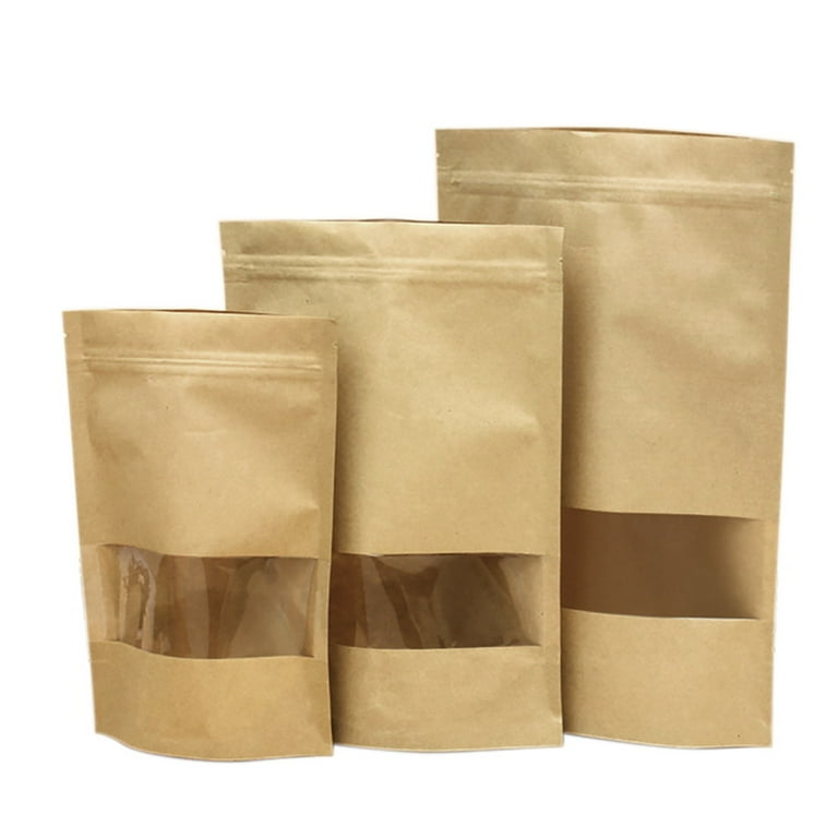 BEISHIDA 50 pcs 4.7 x 7.7 Inch Resealable Bags Kraft Paper Bags with Window  Stand Up Pouches Bags Brown Kraft Paper Bags Food Storage Bags Sample Bags