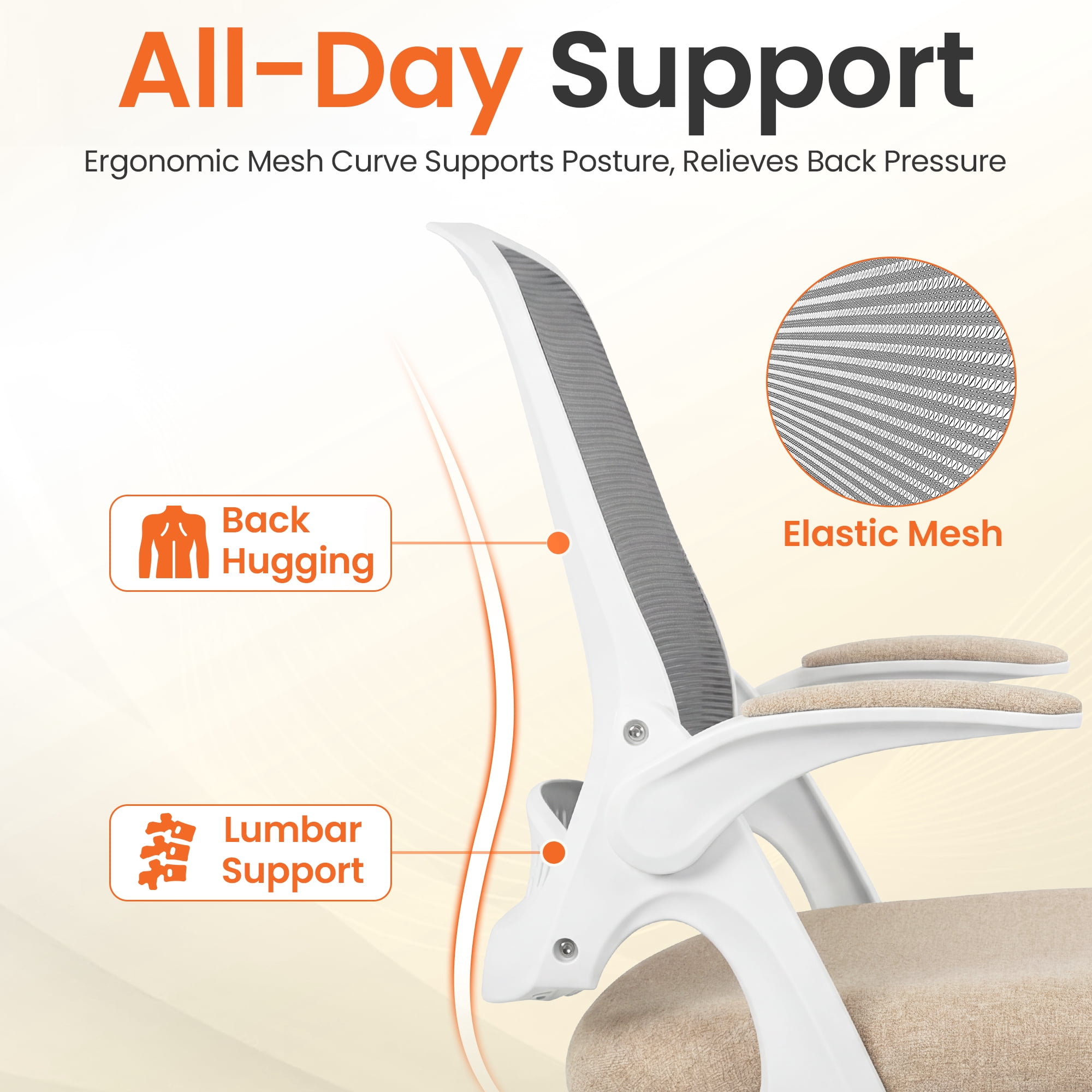 NEO CHAIR Office Chair Gaming Desk Computer Mesh Ergonomic Chair with Flip-up Arms Comfy Lumbar Support Adjustable Height Rolling Wheels Chair for Home Office (Beige)