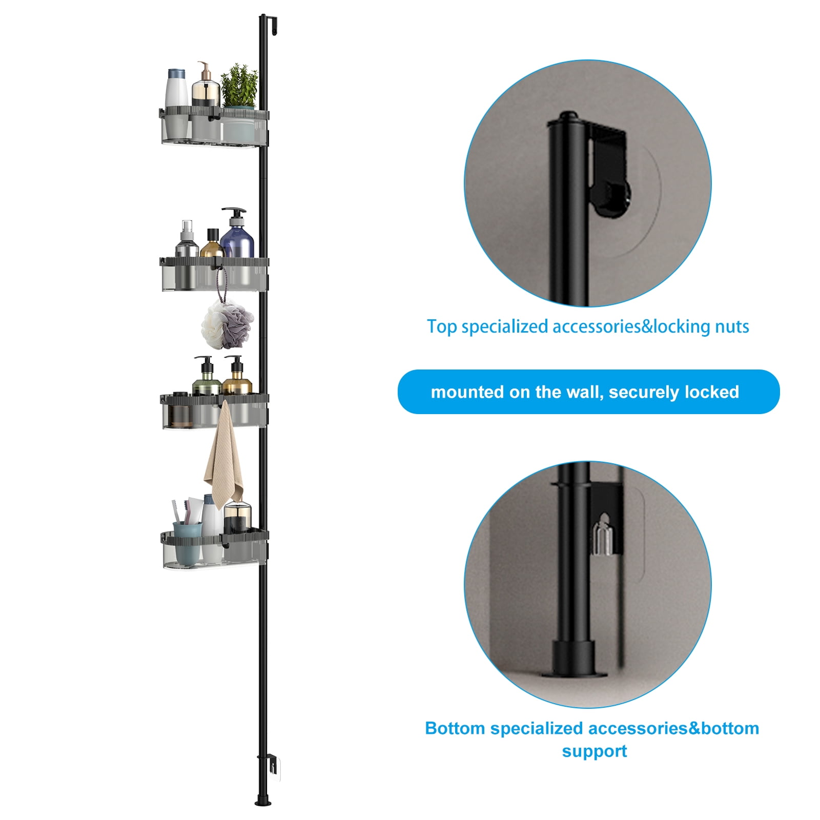 4-Tier Bathroom Tension Pole Shelf, 74.1in Adjustable Ceiling to Floor Storage Organizer for Shower Toiletries, Shampoo, Bath Essentials, Drill-Free Corner Shelf