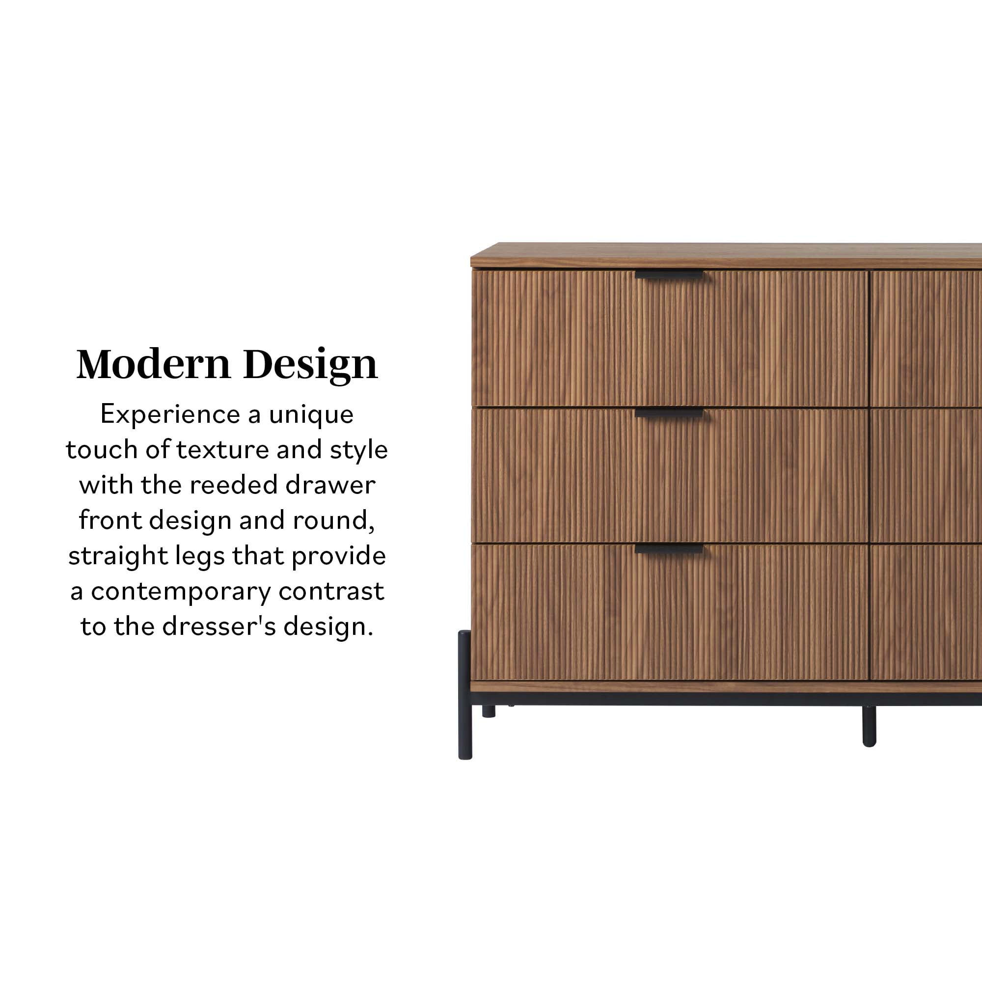 Walker Edison Mid-Century 6-Drawer Dresser with Reeded Drawer Fronts, Mocha