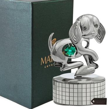 Chrome Plated Dog Music Box plays "Memory" | Silver Table Top Ornament w/ Green Crystal | Home, Bedroom, Living Room Décor | Adorable Gift for Girls, Women, Ladies