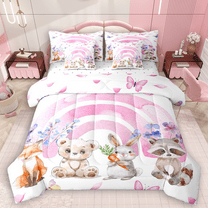 Manfei Girls Pink Rainbow Bedding Comforter Set 7 Pieces, Fox Bear Rabbit Raccoon Queen Bedding Sets, Chic Butterfly Queen Sheet Sets, Lightweight Room Decor