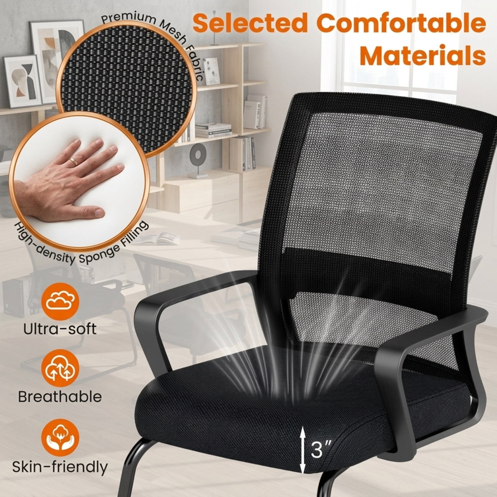 Furnibear Office Guest Chair Set of 2 with Breathable Mesh Back Lumbar Support and Sled Base for Reception and Waiting Room, Black