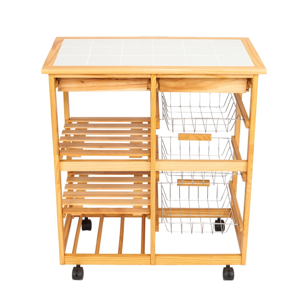 Wood Mobile Kitchen Trolley Storage Cart Island Rack With 2 Drawers & Basket 