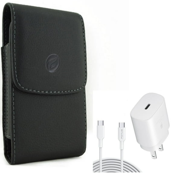 PD Type-C 25W Fast Home Charger w Leather Case Belt Clip for Samsung Galaxy A53 5G,A33 5G Phones - 6ft USB-C Cable Quick Power Adapter, Holster Cover Pouch Vertical