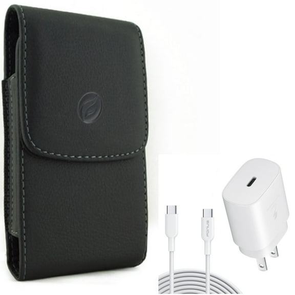 6ft USB-C Cable PD Type-C 25W Fast Home Charger w Holster Leather Case Belt Clip for Motorola Moto Z4 Z3 Play Z2 Play Force Z Force Droid, Revvlry Plus, G7 - OnePlus 6T, 6 - Razer Phone 2