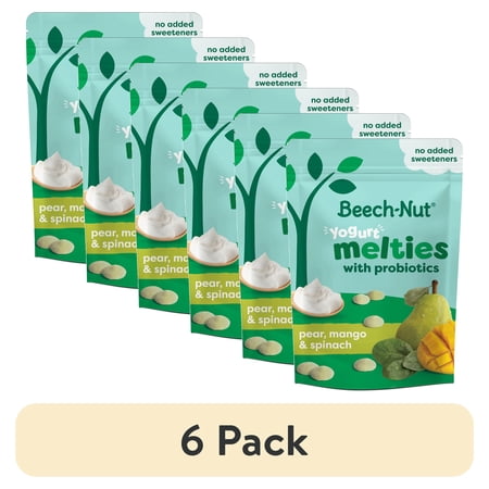 (6 pack) Beech-Nut Probiotic Melties Pear Mango Spinach Yogurt Melts Baby & Toddler Snack, 1 oz Bag