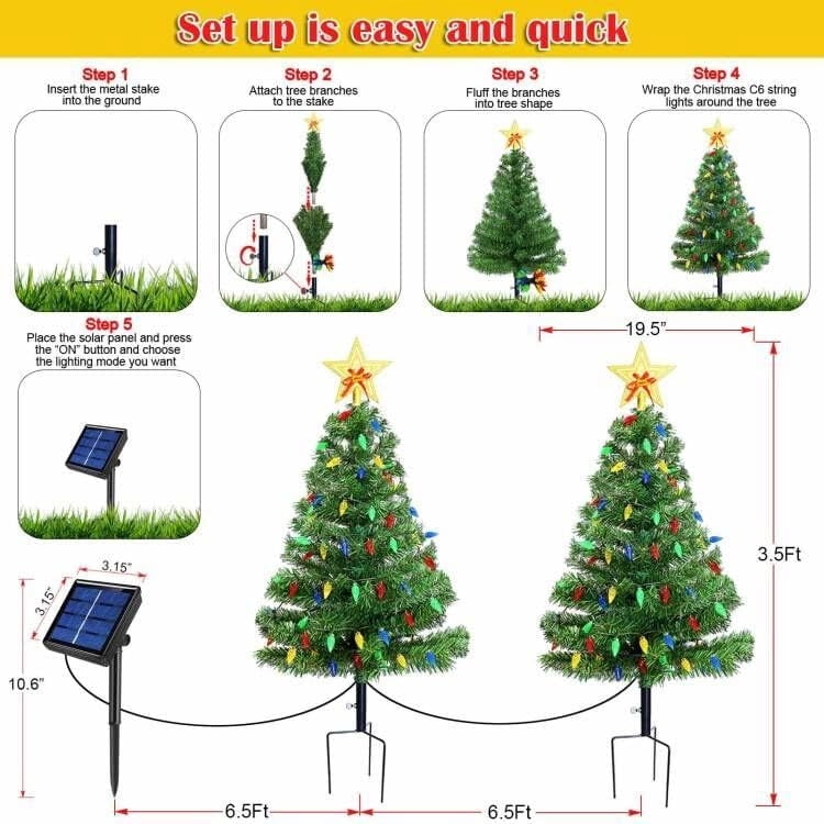 Set of 2 Solar Christmas Tree, Outdoor Christmas Decorations, Prelit Xmas Tree w/ 100 LED Multi-color C6 String Lights for Outsdie Holiday Display Yard Front Porch Pathway Grave Cemetery Decor