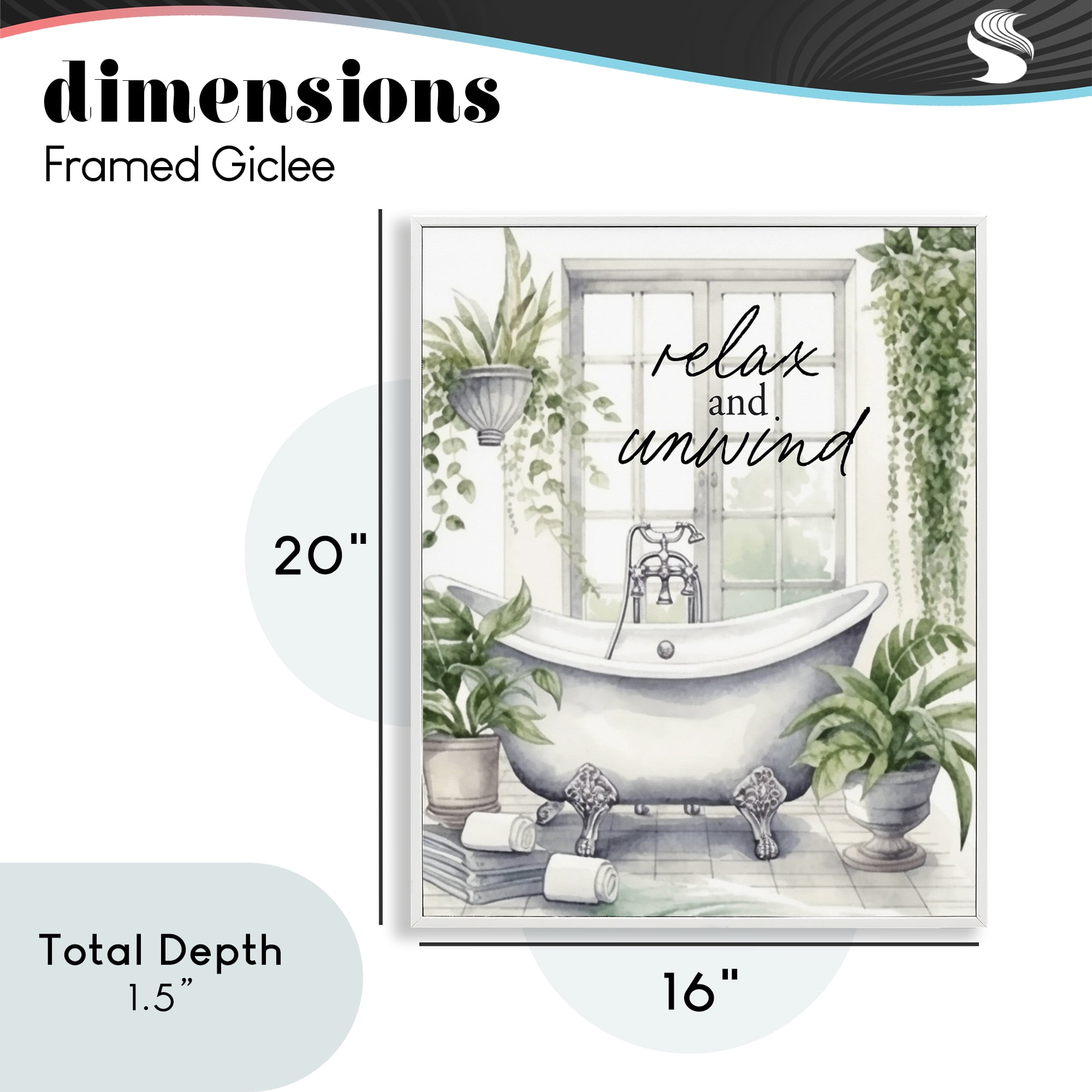 Relax Unwind Bath & Foliage White Framed Giclee Art, design by Lettered and Lined