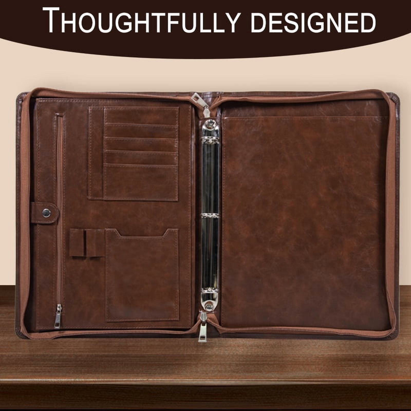 A4 Business Padfolio Binder with Zipper, Vegan Leather Professional Portfolio Organizer with 3-Ring Binder, Notepad & Resume Holder for Meetings & Travel
