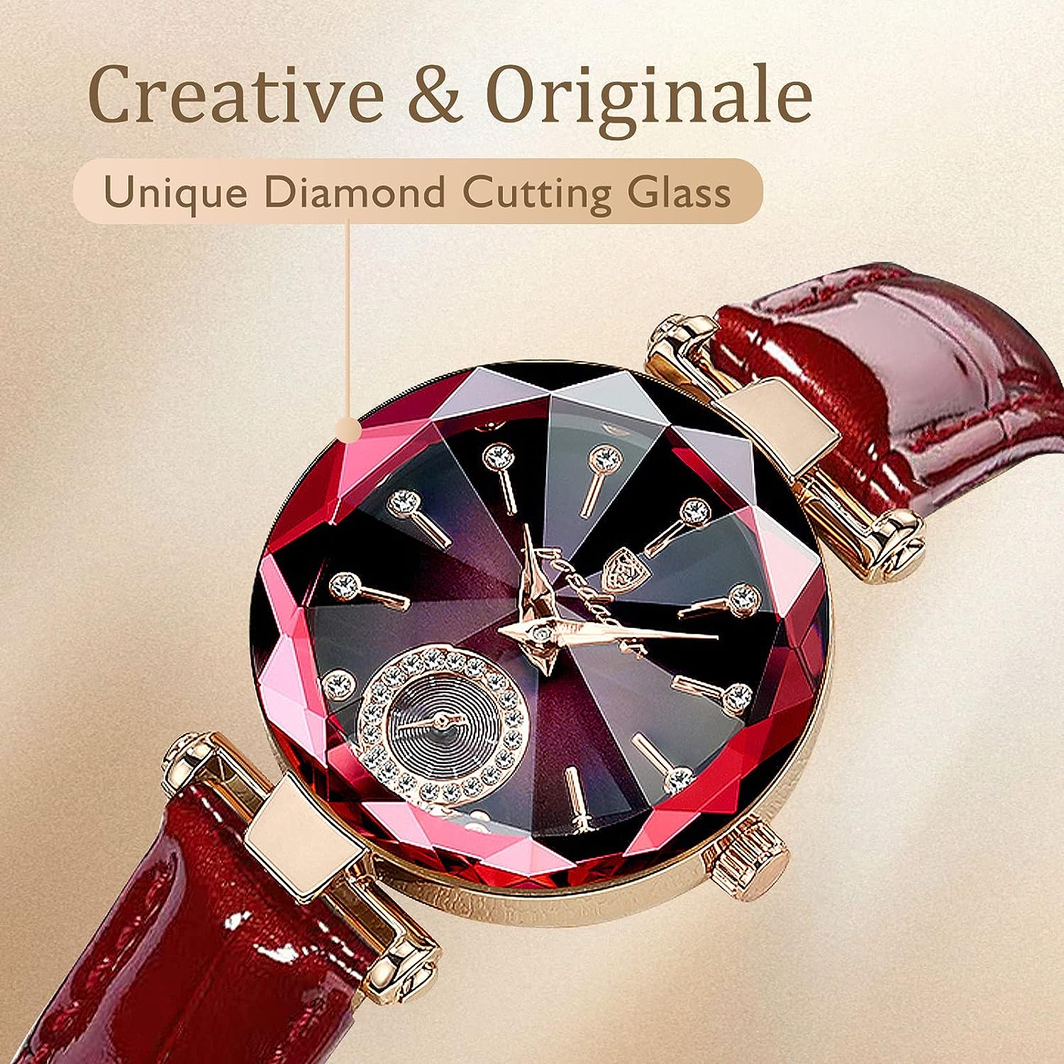 Womens Red Purple Elegant Leather Strap Analog Creative Diamond Dial Wrist Watch Diamond Dial Strap Watch in Burgundy – Jessica Simpson main image 4