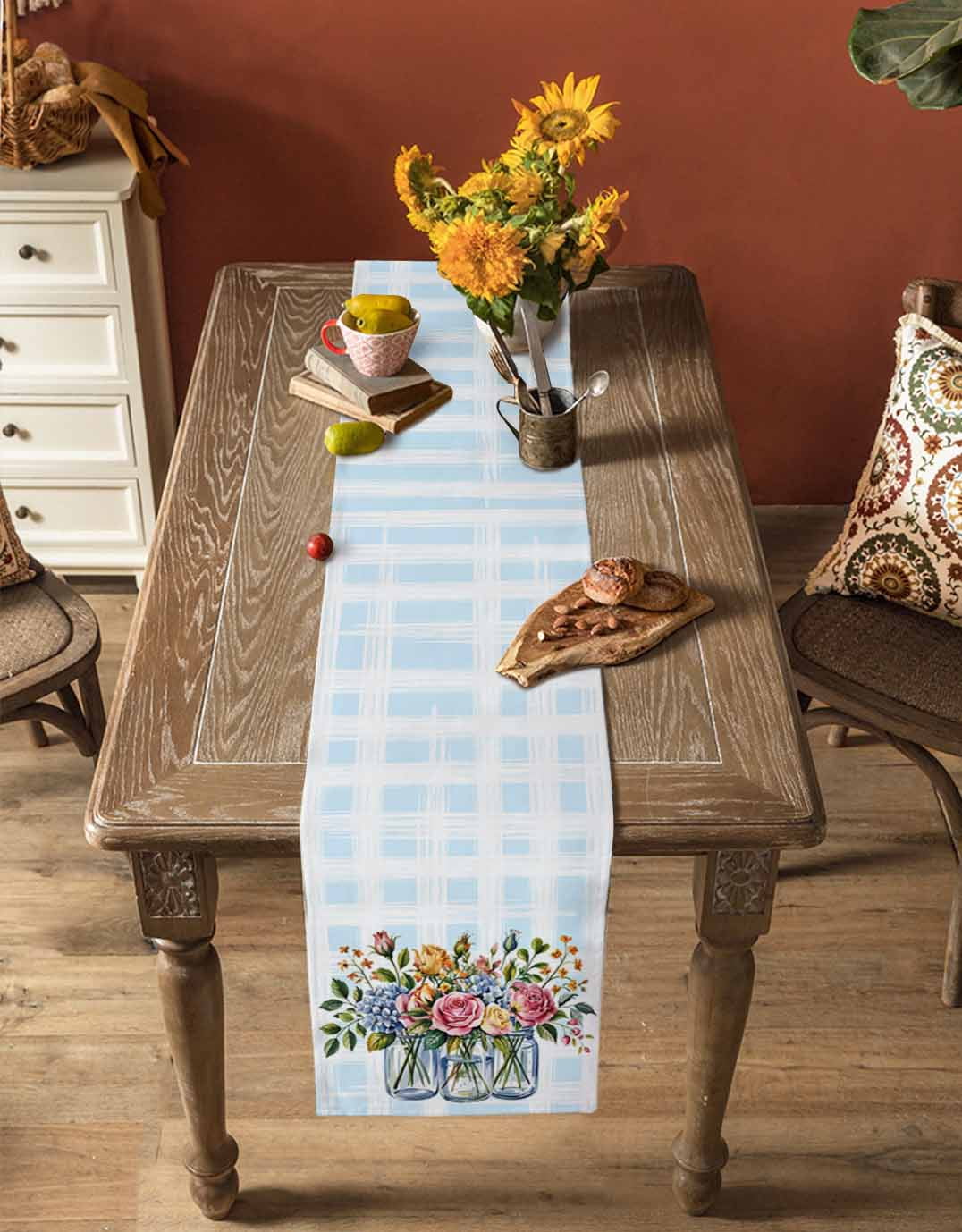 Pink Spring Floral Table Runner Blue Plaid Farmhouse Watercolor Flowers Tablerunners 14 x 72 Inch, Table Decorations Tabletop Scarf for Summer Gathering Holiday Farmhouse Kitchen Dining Decor