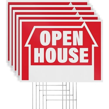 Open House Yard Signs with H-Frame Stakes, 16" x 12" Corrugated Plastic Open House Signs (Pack of 5)