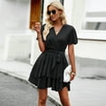 thumbnail image 4 of Womens Sexy Deep V Neck Short Sleeve Tie Waist Ruffle Hem Flowy Swing Mini Short Wrap Dress, 4 of 7
