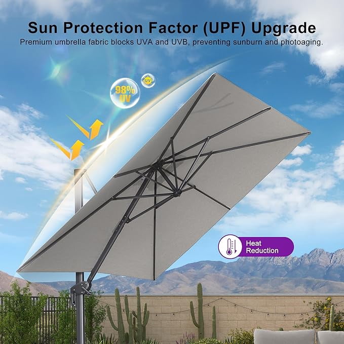 PURPLE LEAF 8 FT Patio Cantilever Umbrella Outdoor Offset Square Umbrella with 360-degree Rotation for Deck Pool Garden, Light Grey