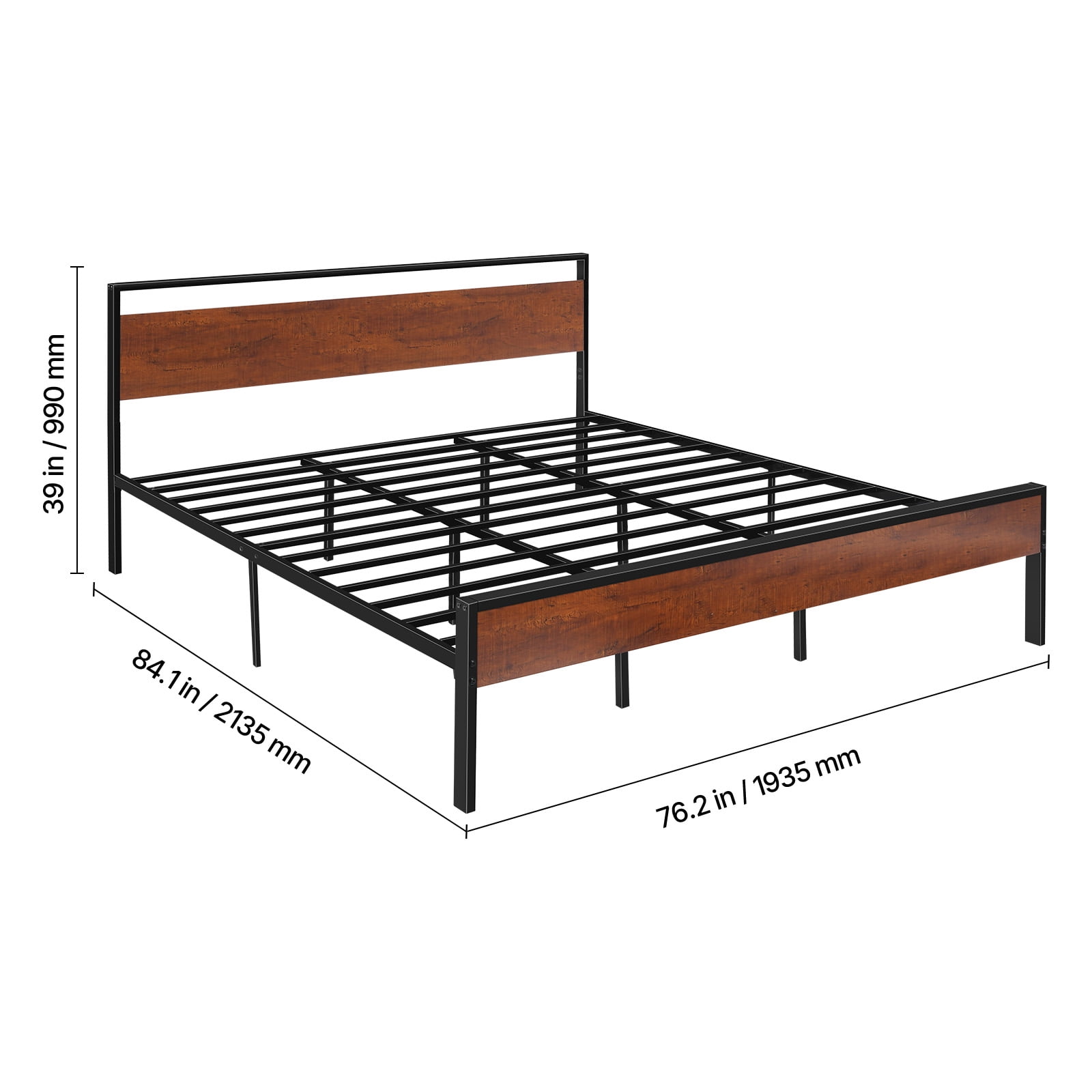 VEVOR King Size Bed Frame, 14 Inch Black Metal Platform Bed Frame with Retro Brown Wooden Headboard and Footboard, Large Under-Bed Storage, Non-Slip Without Noise, No Box Spring Needed, Easy Assembly