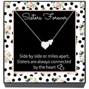 Sisters Forever Jewelry Gifts From Sister, Simple Plain Small Double Heart Pendant Necklace on Card ''Side By Side or Miles Apart'' Big Little Sis Present for Christmas (Silver Tone)