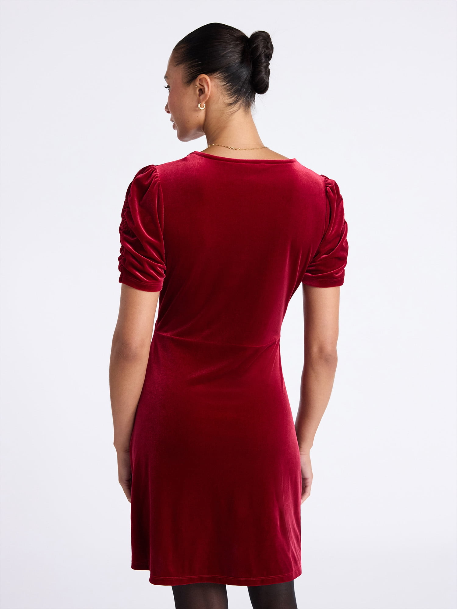 Time and Tru Women's Velvet Mini Dress with Puff Sleeves, Sizes XS-XXXL