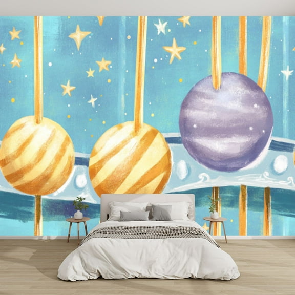 Modern Wallpaper Murals 3D Kids Grey Girls Playroom Bedroom Planets Stars Space Galaxy Peel and Stick Removable Self-Adhesive canvas Wall Stickers for Nursery Kids Bedroom TV Wall Decor
