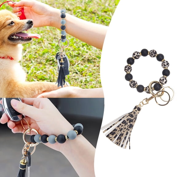 Stylish Silicone Beaded Bracelet Keychain Ornament with European PU Tassel Hand Chain & Key Ring for Everyday Use