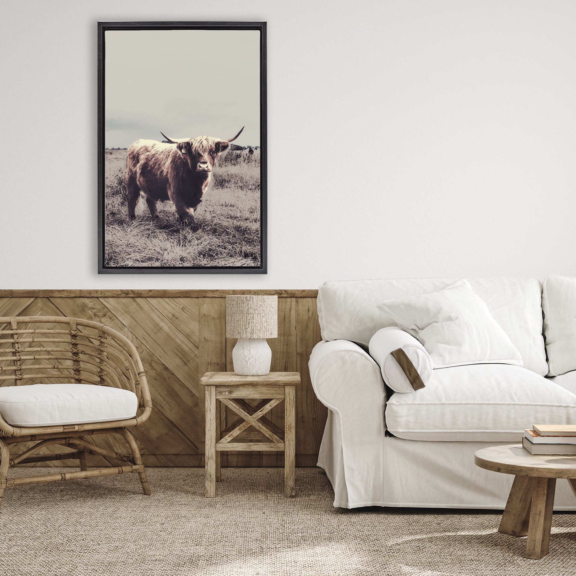 Stupell Industries Horned Cattle in Pasture Black Framed Floater Canvas Wall Art, design by SD Graphics Studio