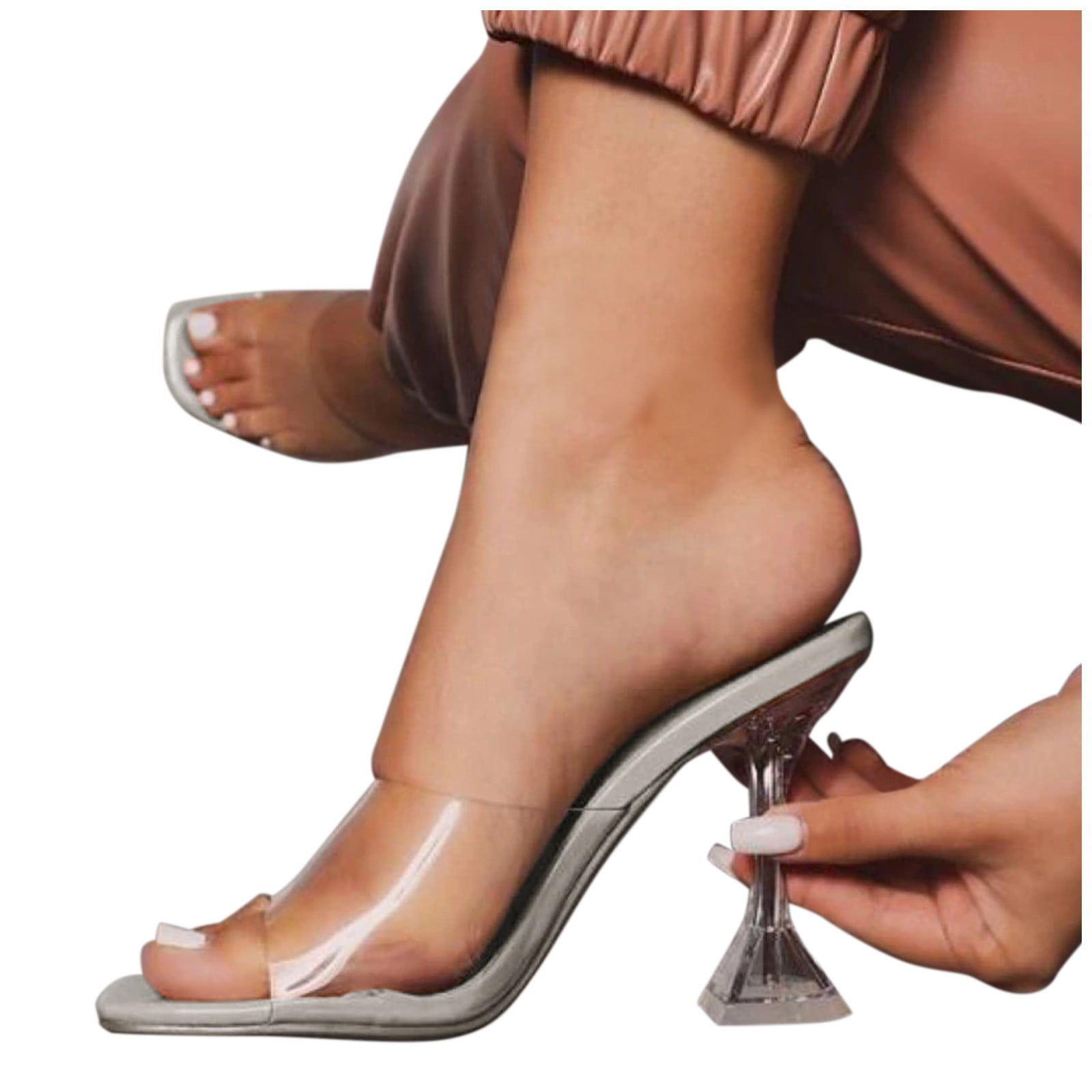Women Shoes Ladies Summer Slip On Open Toe Breathable Glass Heel High Heels  Sandals Beige 8 - Walmart.com