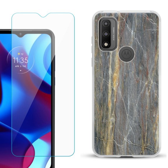Slim-Fit Gel TPU Phone Case for Motorola Moto G Pure, with Tempered Glass Screen Protector, by OneToughShield ® - Marble/Camo