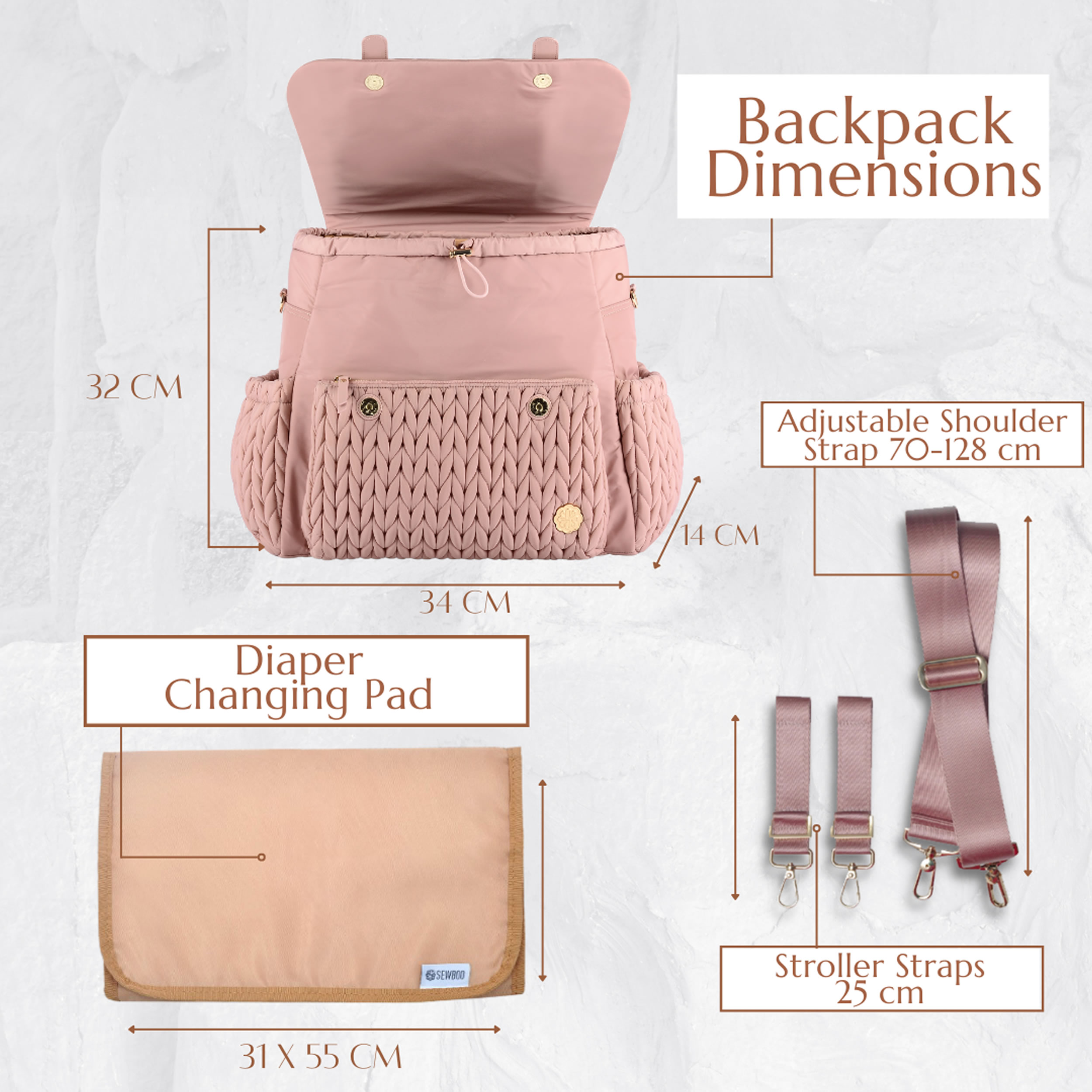 Sewboo Pink Quilted Accent Women’s Backpack Tote diaper bag SEWBOO Diaper Bag BackPack Large Capacity Travel Mommy Bag  main image 2