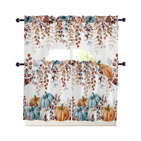 Blue White Pumpkin Fall Kitchen Curtains Sets 24 Inch Length with Valance, Thanksgiving Farmhouse Botanical Swag Valances and Tiers Curtain Set Drapes Swag Curtains for Living Room, Bathroom, Bedroom