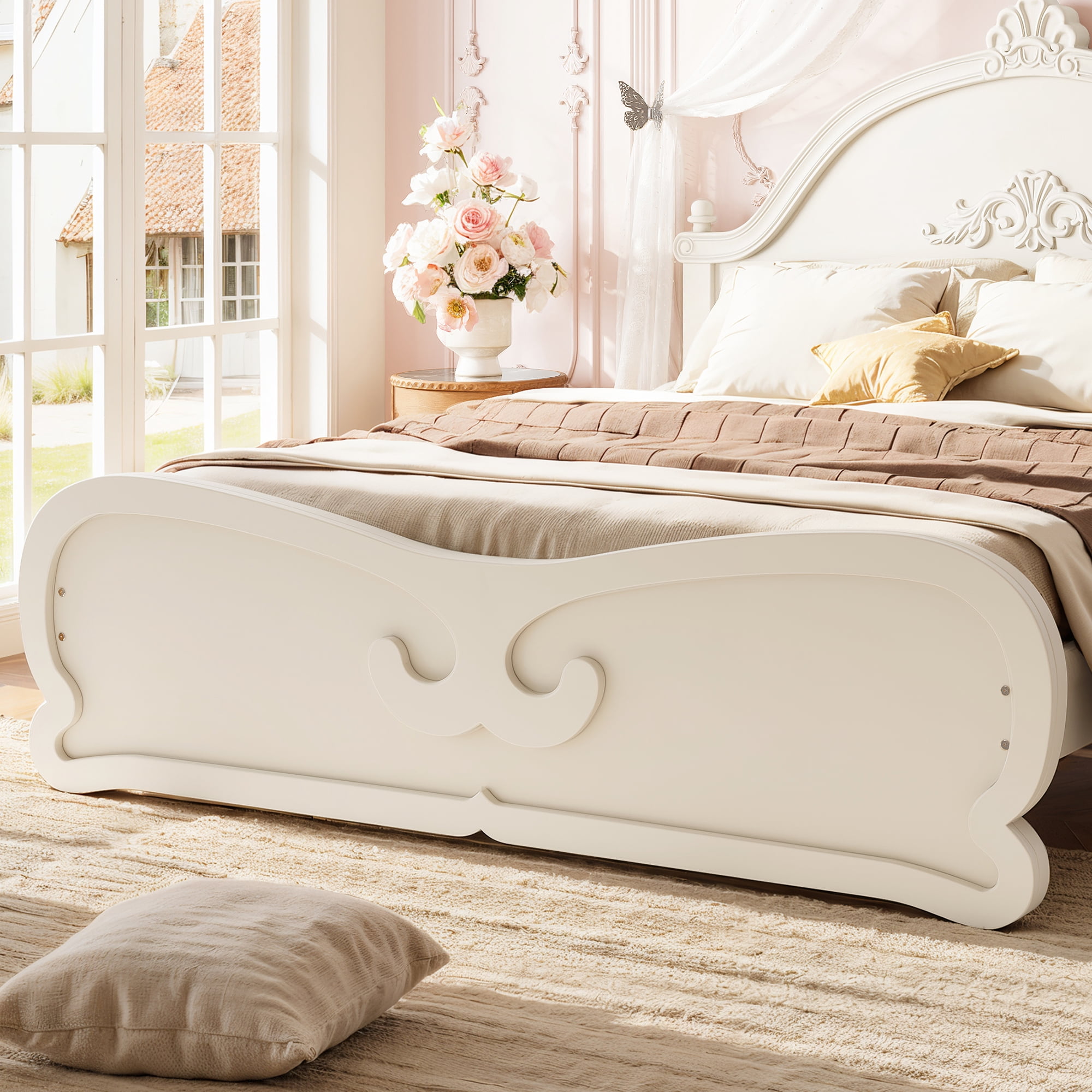 GARITIN Full Vintage Carved Platform Bed with Headboard, Solid Wood Bed Frame with Slatted Support, Low Profile Platform Bed, No Box Spring Needed, Beige
