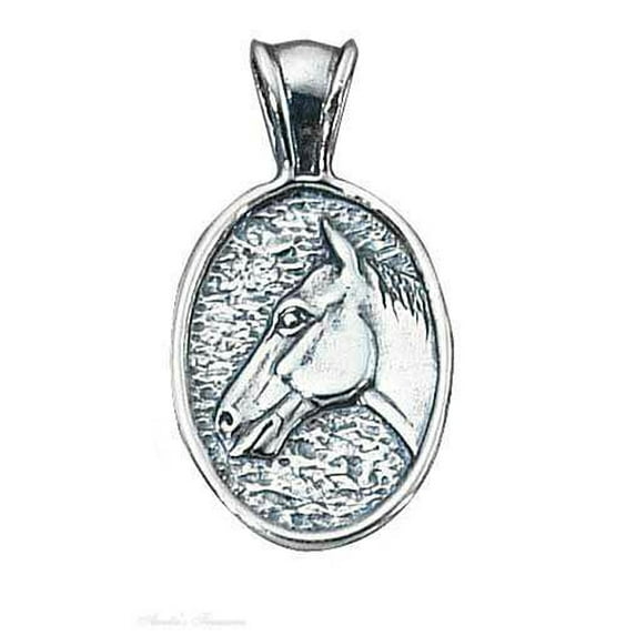 Sterling Silver 24" 1mm Box Chain Oval Horsehead Pendant Necklace