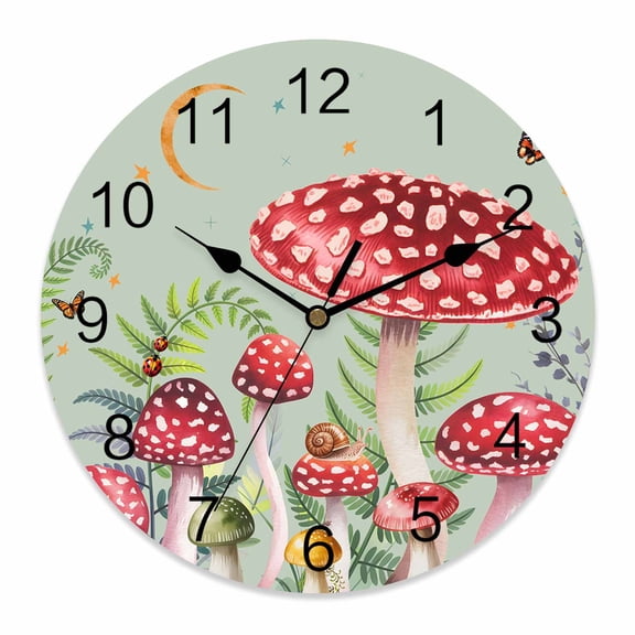 Wall Clock Red Mushroom Moon Clocks PVC Silent Non-Ticking Battery Operated Decorative Butterfly Branch Leaves Green Round Clock for Home Living Room Kitchen Bedroom Office School Wall Decor 10 Inch