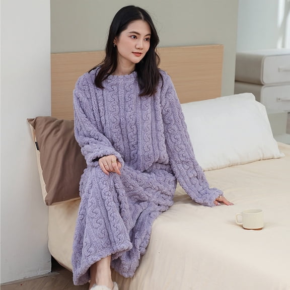 MVRLSH Robes For Women Autumn Winter Loose Thickened Coral Fleece Nightgown Long Sleeved Extended Length Warm Home Bathrobe Purple One Size
